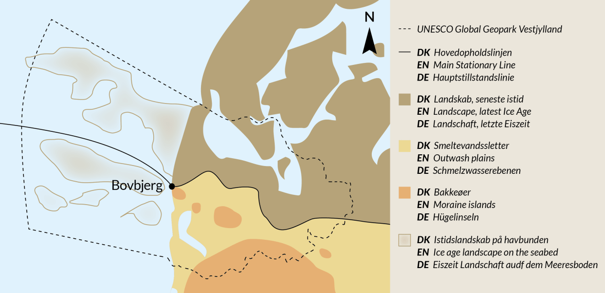 Hovedopholdslinje på kort over Geopark Vestjylland